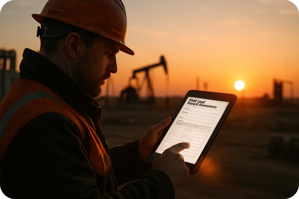 Worker completing a Field Level Hazard Assessment using a tablet at an industrial site.
