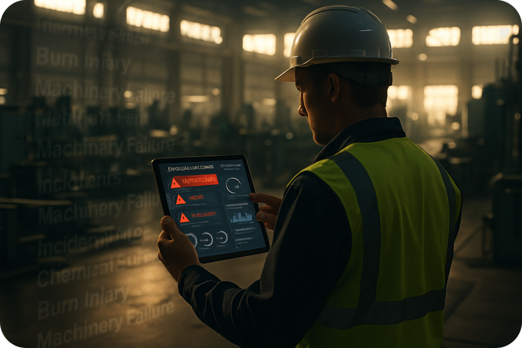 Factory worker using a tablet to monitor safety alerts and incident data in real time.