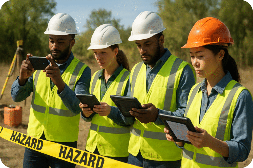 Workers on-site completing digital FLHAs on tablets, showcasing modern safety compliance in real-time.