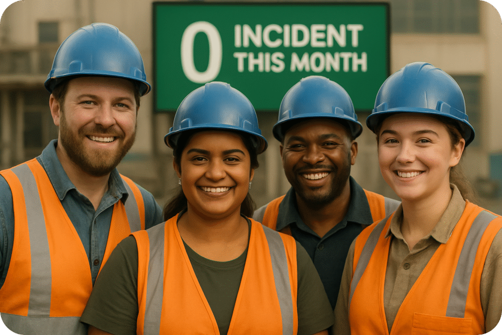 Smiling construction crew standing in front of a zero-incident safety sign.