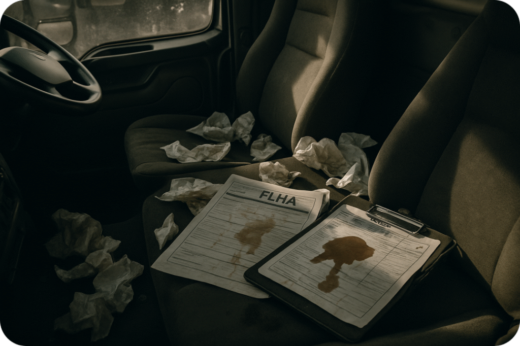 FLHA paper forms abandoned in a vehicle, highlighting issues with paper-based hazard assessments