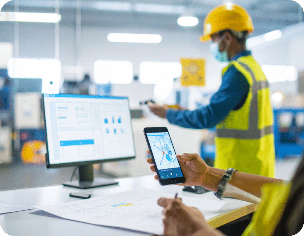 Worker using a mobile device to view a site hazard map, with safety data visible on a desktop screen.
