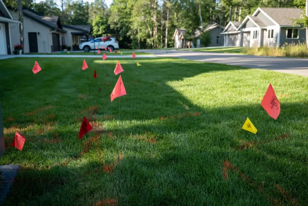 Utility locate flags marking underground lines in a residential yard to prevent excavation hazards.