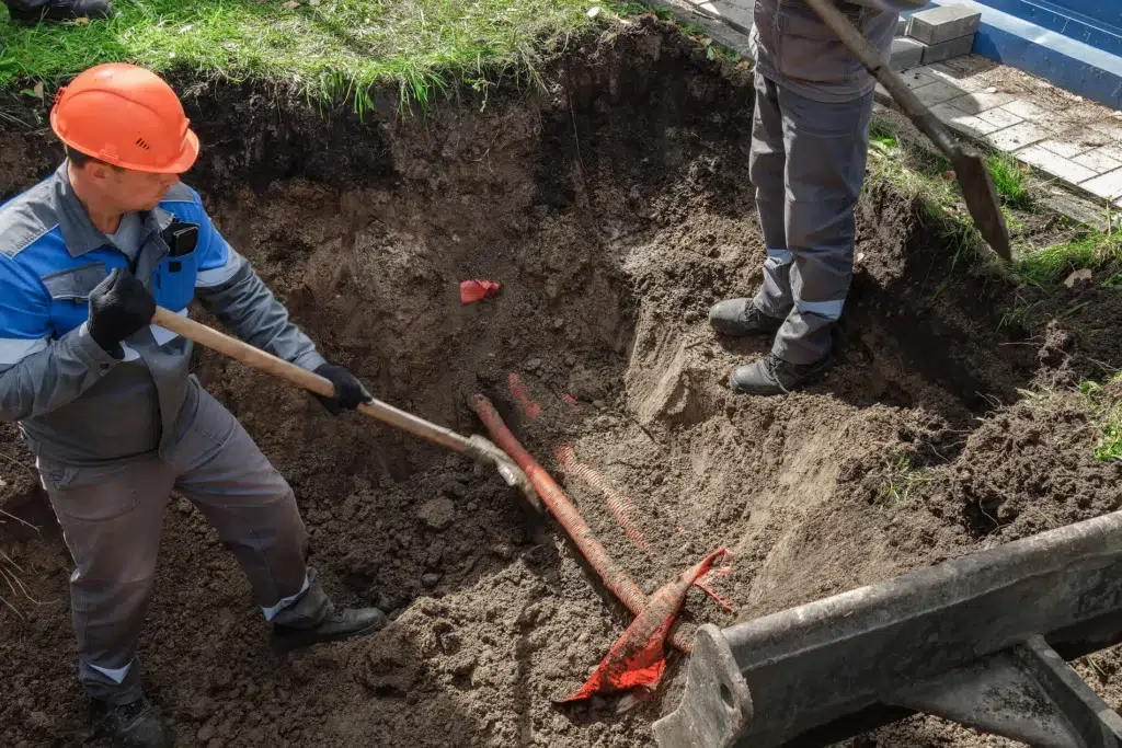 Workers performing excavation near underground utility lines, demonstrating the need for locate requests and safe digging procedures.
