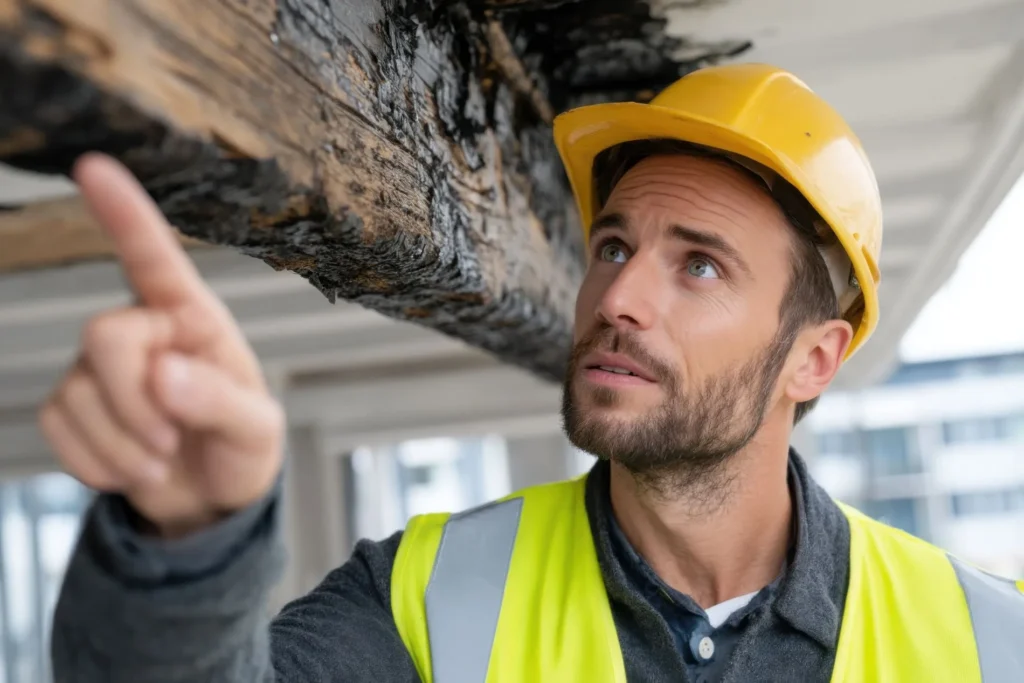 Worker in safety gear inspecting water-damaged wood for potential mould.