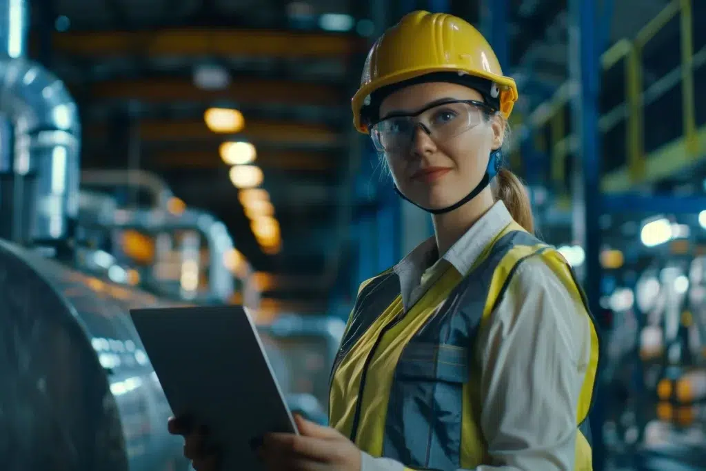 Female worker in safety gear with a laptop, representing daily team alignment on workplace safety.
