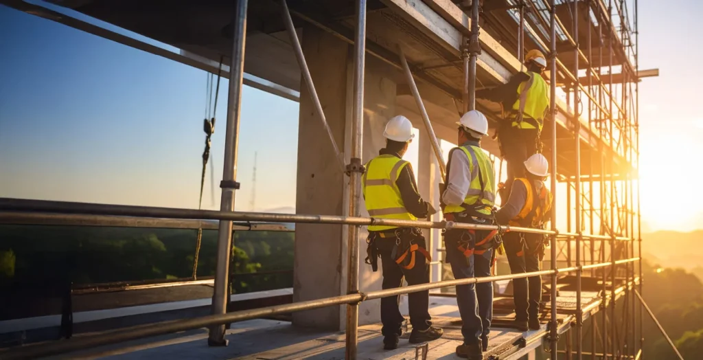 Workers standing on scaffold platforms during sunrise with safety gear.