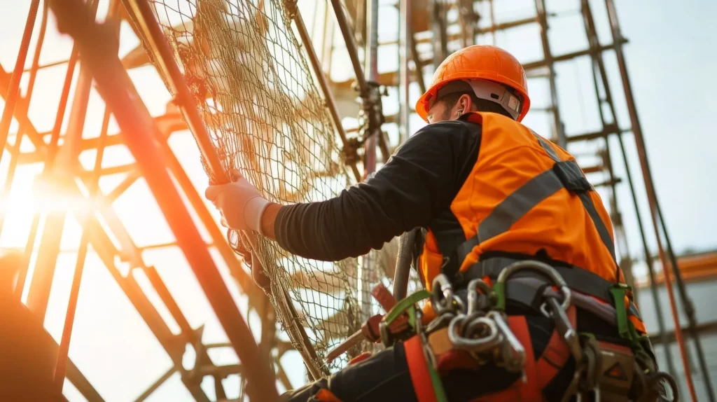 Worker climbing scaffold using secured access points and PPE.