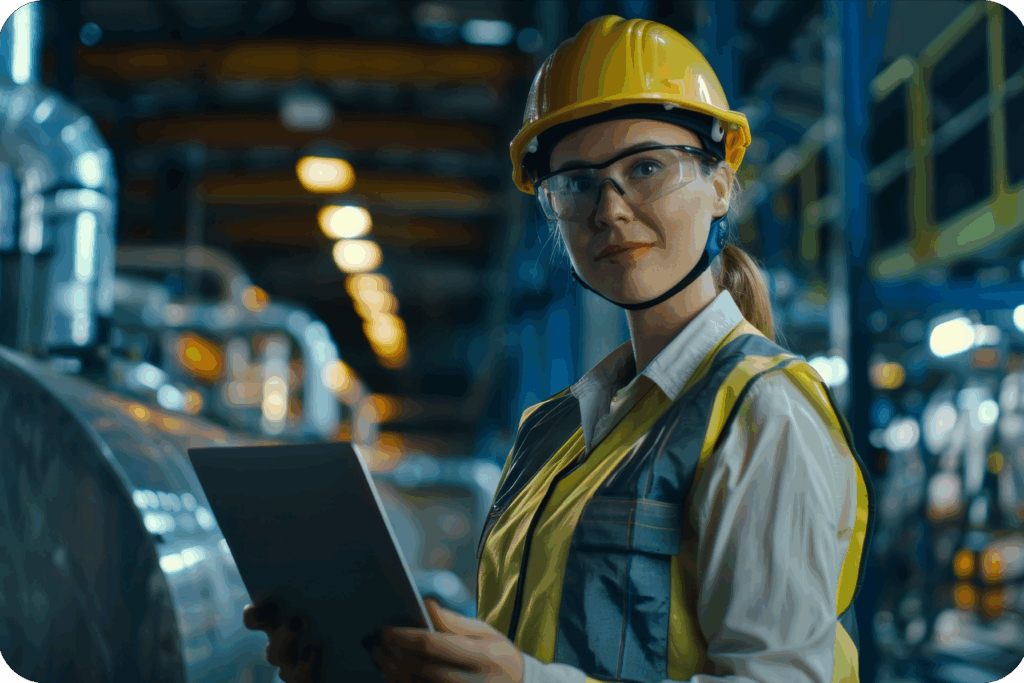 Female worker in safety gear with a laptop, representing daily team alignment on workplace safety.