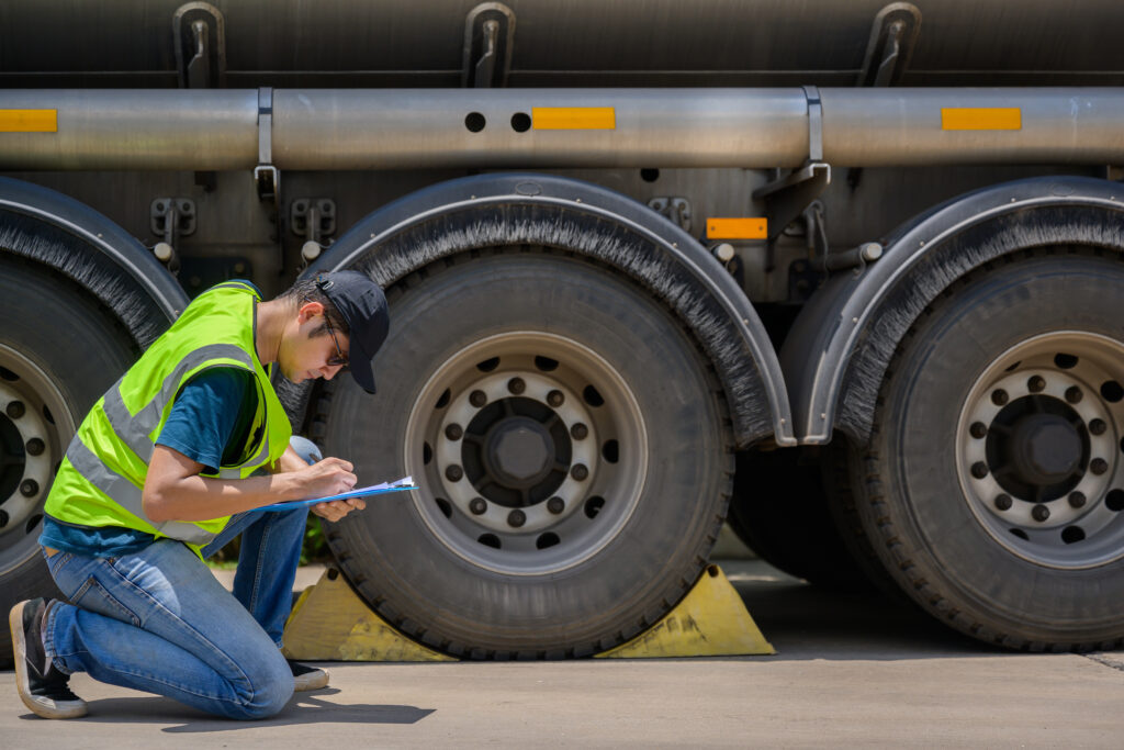 Commercial driver performing a pre-trip inspection by checking truck tires and recording findings.