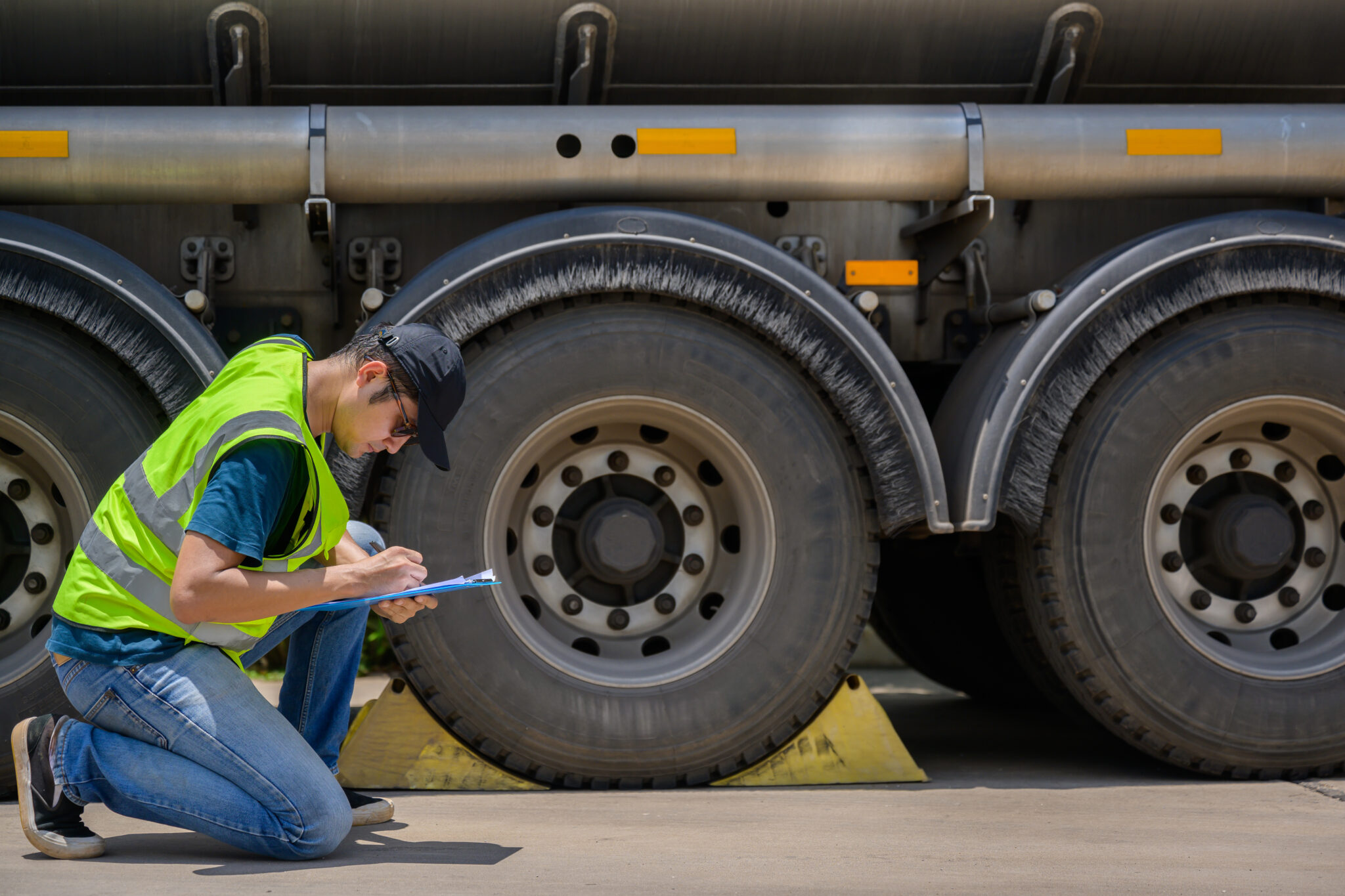 A safety inspector inspects the tires of a big fuel tanker while wearing a reflective vest. He maintains adherence to transportation safety regulations while holding a clipboard.