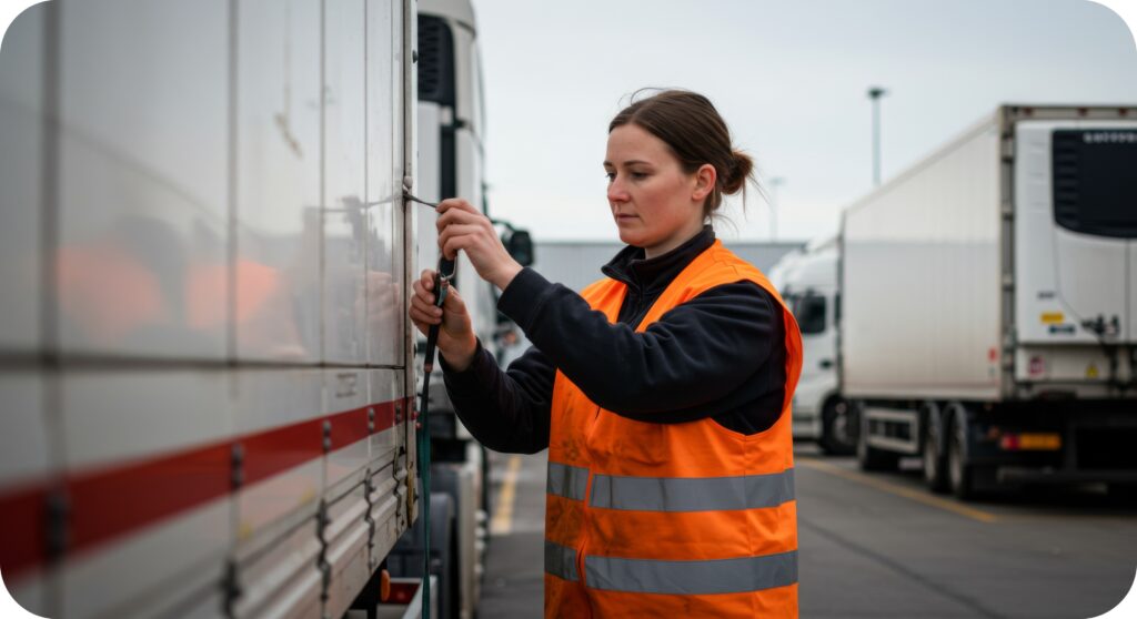 Driver fastening a strap on a box trailer door during a pre‑departure cargo securement inspection.
