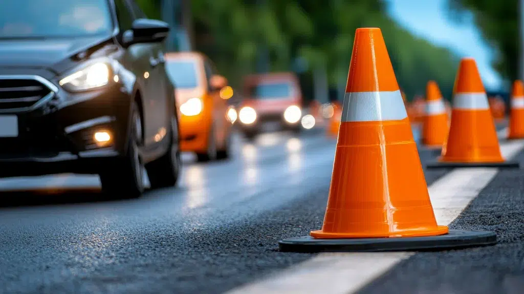Cars passing a wet roadway lined with reflective traffic cones during evening traffic.