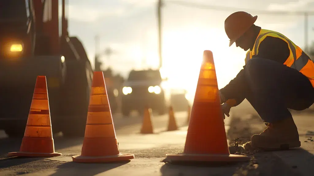 Close-up row of reflective orange traffic cones guiding vehicles through a lane closure.