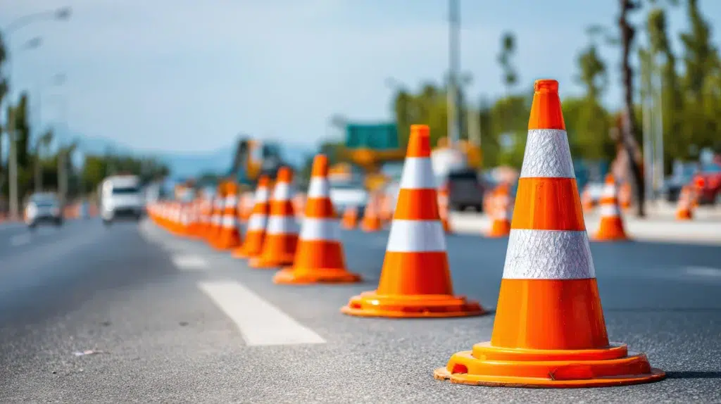 Worker in hi-vis vest and hard hat placing cones on a roadway at sunrise.