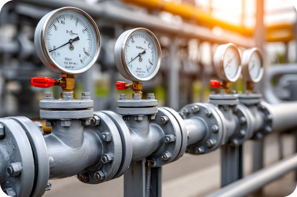 Multiple pressure gauges on a plant pipeline used to monitor process conditions and potential gas hazards.