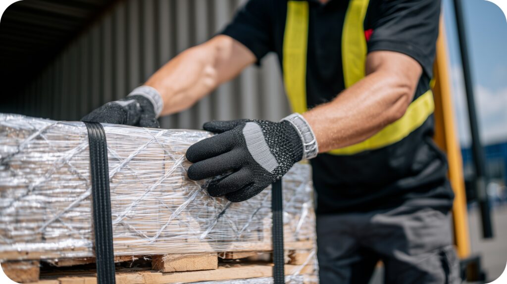 Close‑up of gloved hands tightening pallet straps and edge protection to keep freight stable.