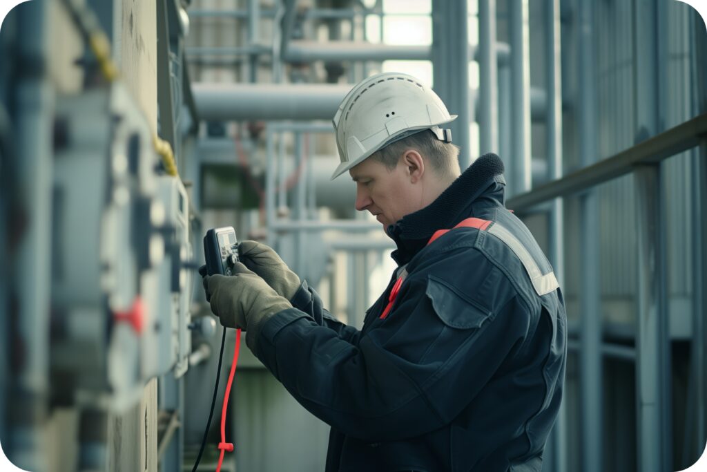 Technician in PPE using a portable gas monitor to sample around equipment for toxic or flammable gases.