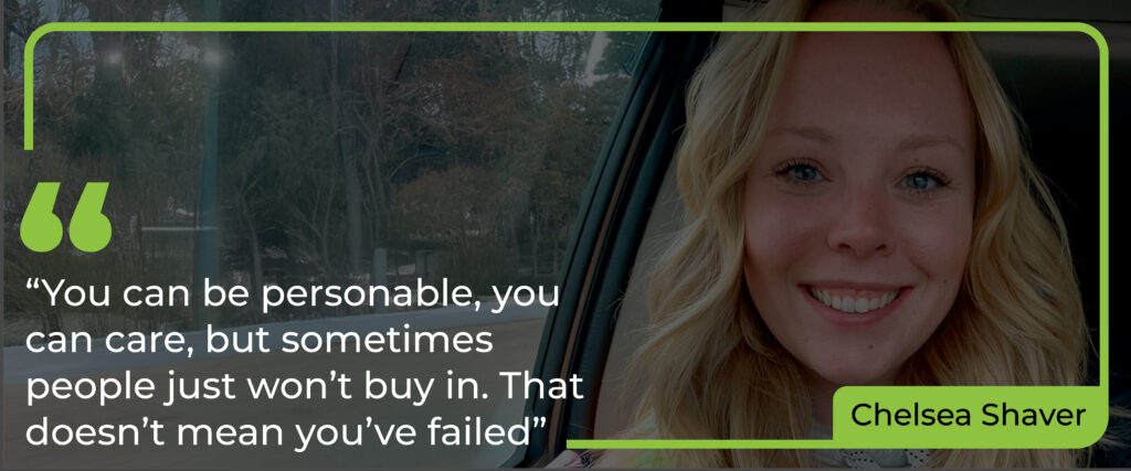Portrait of Chelsea Shaver with a motivational safety quote about persistence and building trust on worksites.