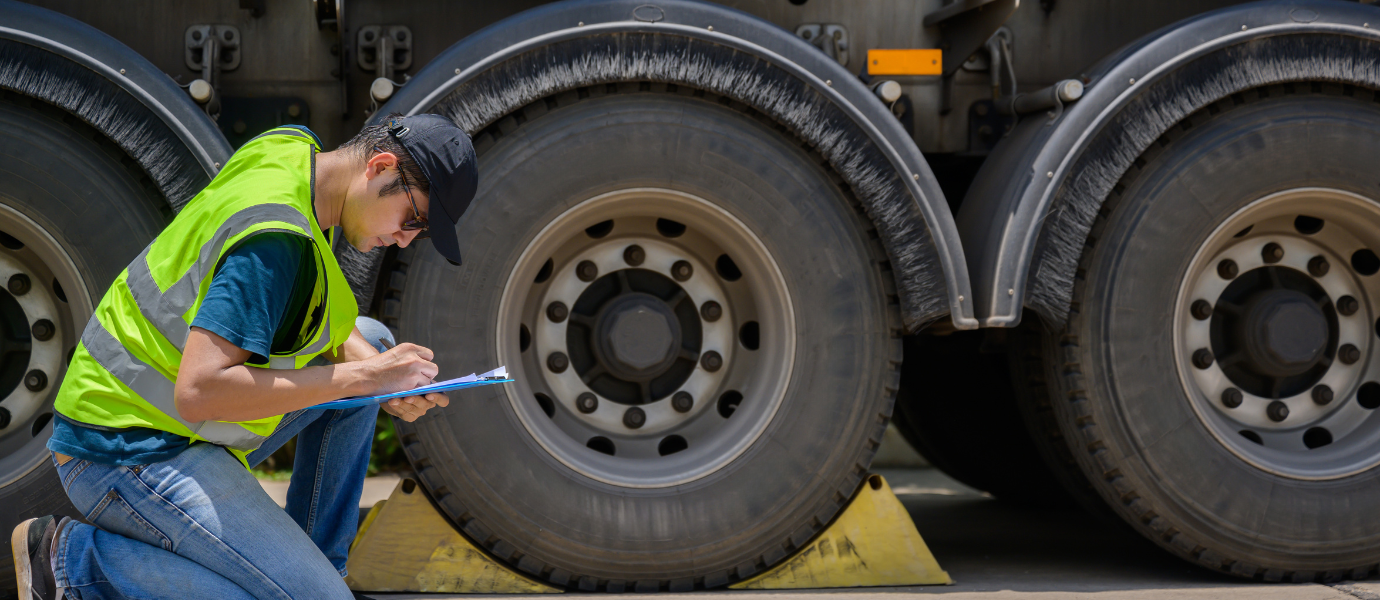 Commercial driver performing a pre-trip inspection by checking truck tires and recording findings.