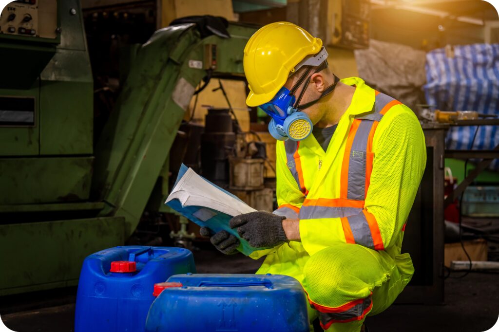 Worker studying Safety Data Sheet (SDS) for chemical handling procedures and workplace safety.