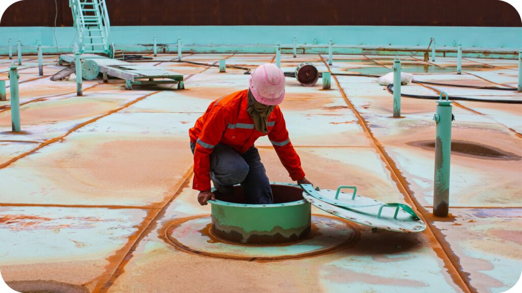A Canadian worker inspects a confined space tank following national occupational safety regulations.