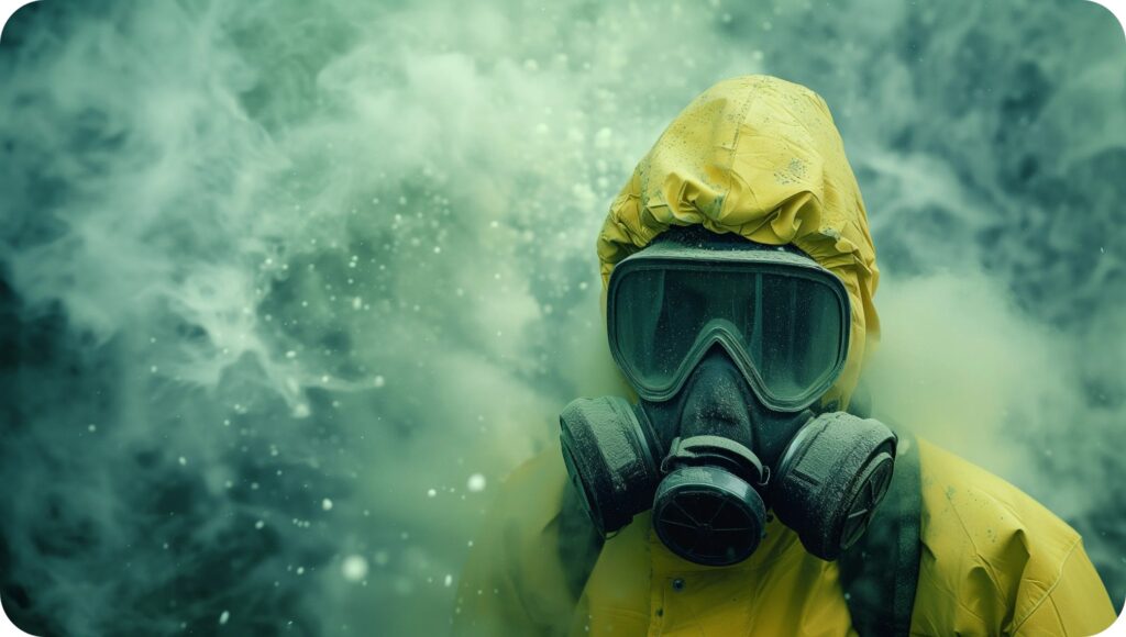 Worker in full hazmat suit with respirator navigating through airborne contamination in industrial setting.