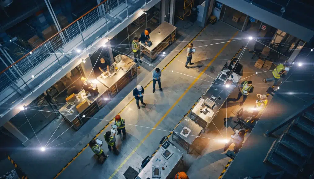 Overhead view of factory floor with teams connected by real‑time digital networks.