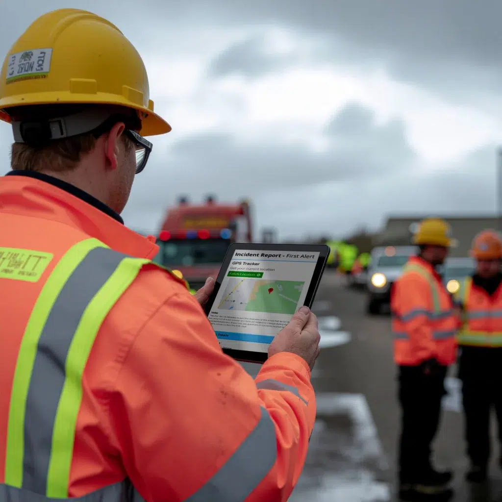 Incident responder in hi‑vis uses tablet to view site map and manage field alerts.