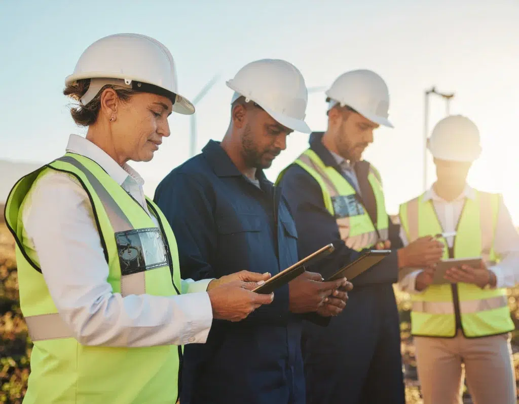 Field worker in hi‑vis checks smartphone for procedures, permits, and safety updates.