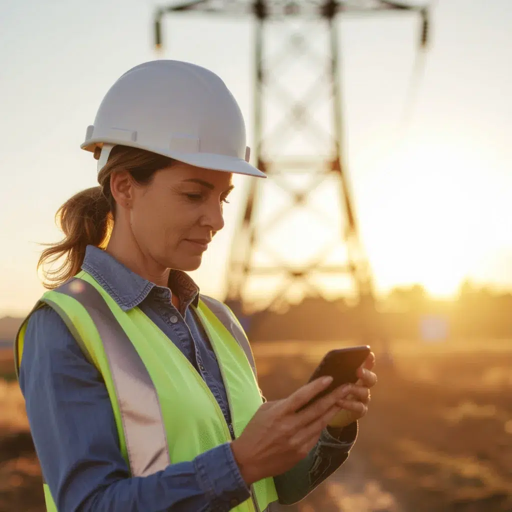 Crew in hard hats use tablets on site to access mobile safety and training tools.