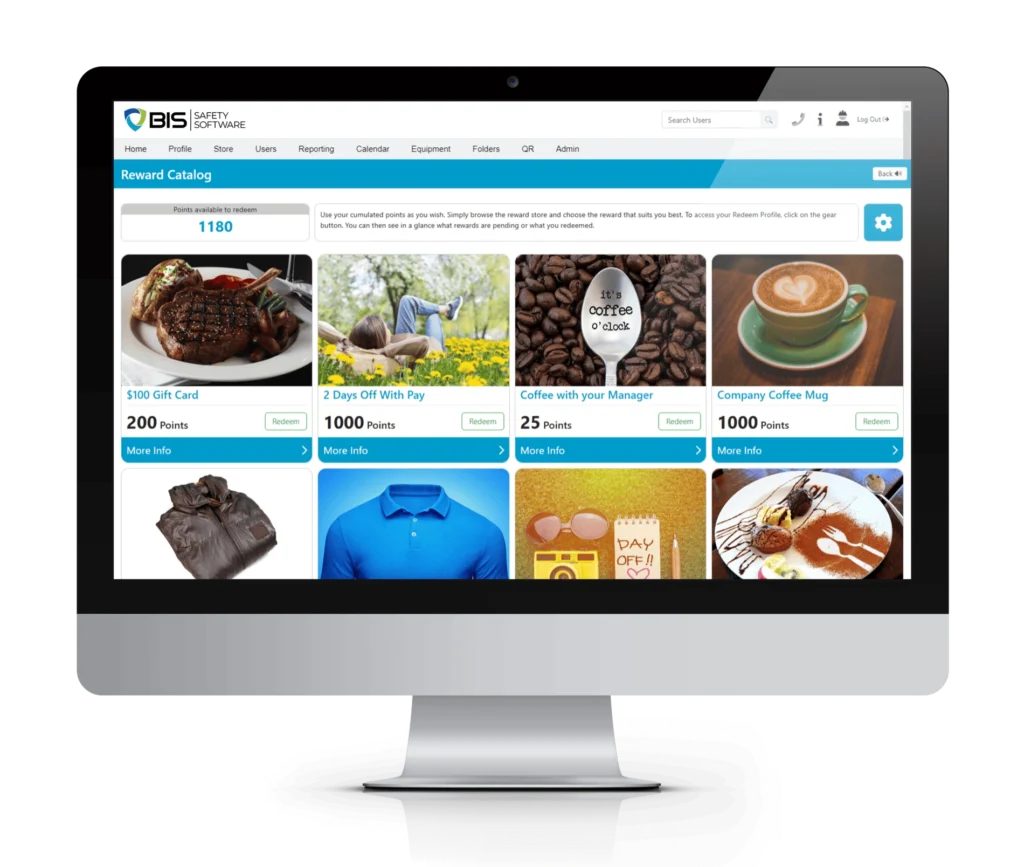 Computer screen displaying an employee reward portal with various recognition options.