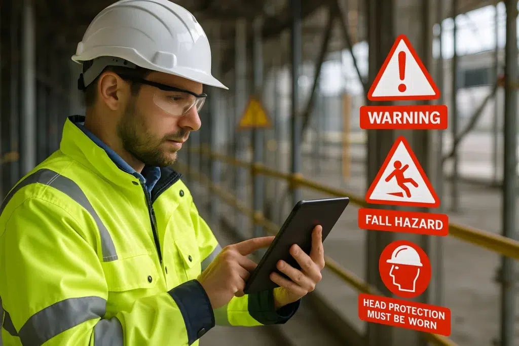 Safety officer inspecting warning signs and assessing on-site hazards.