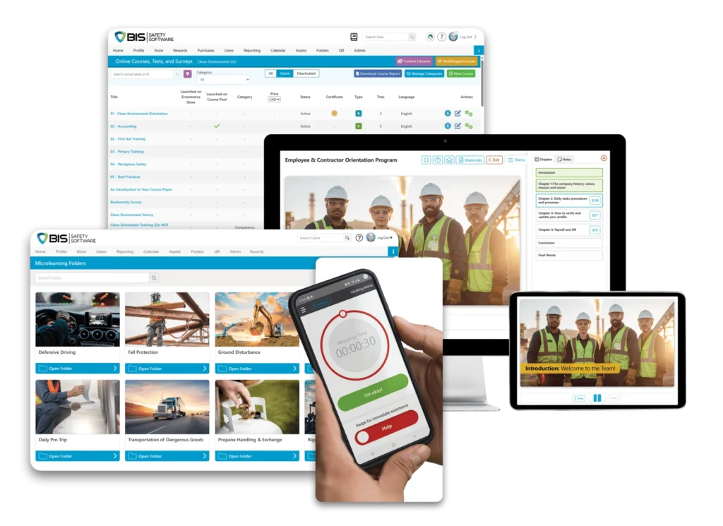 BIS Safety Software interface displayed on multiple devices with training modules and mobile app​