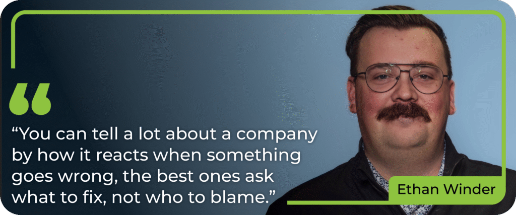 Quote featuring Ethan Winder alongside a leadership message about fixing issues instead of assigning blame.