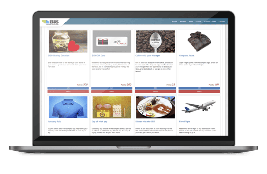 BIS Employee Rewards admin screen for adding points and notes to profiles.
