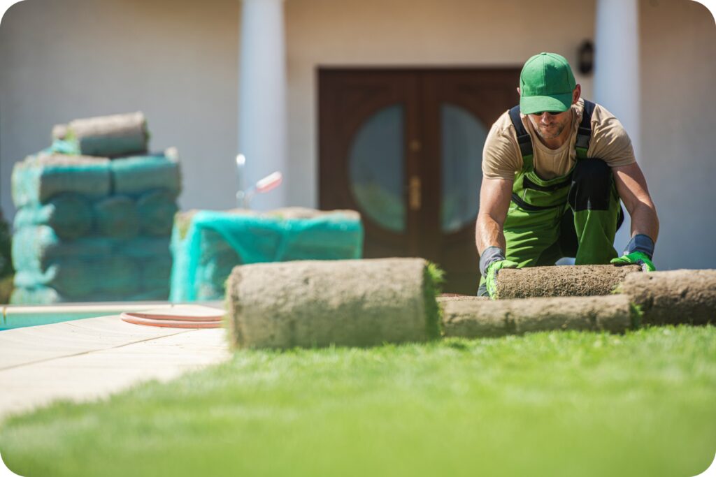 A worker installing rolled sod on a lawn while wearing gloves, overalls, and protective gear.