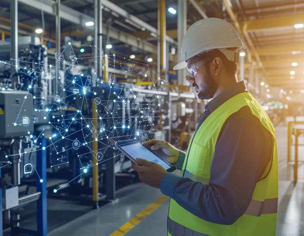 Manufacturing technician reviewing connected EHS and operations data on a tablet with digital network icons.