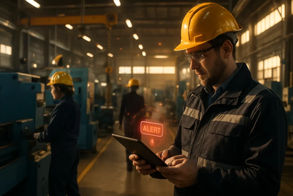 Factory worker in PPE viewing an ‘alert’ notification on a tablet, symbolizing real-time EHS system integration.