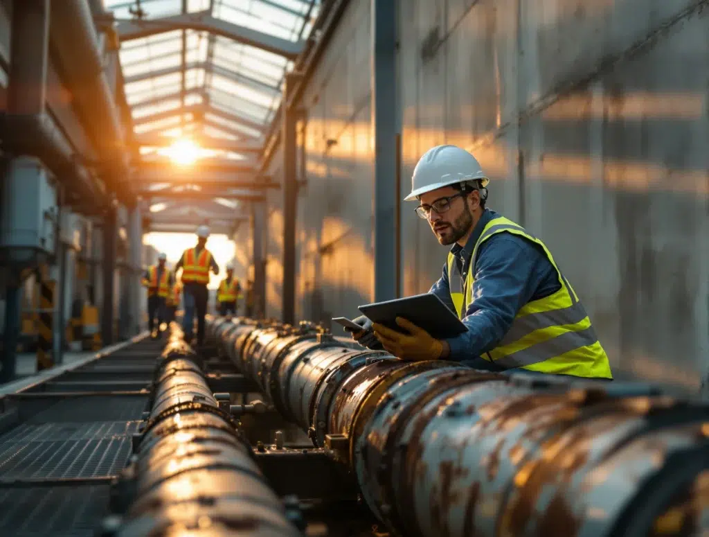 Pipeline inspector using a tablet beside industrial pipes while data syncs with an integrated EHS platform.