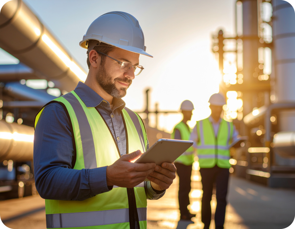 Field manager in reflective vest using a tablet to review EHS performance at an industrial plant.
