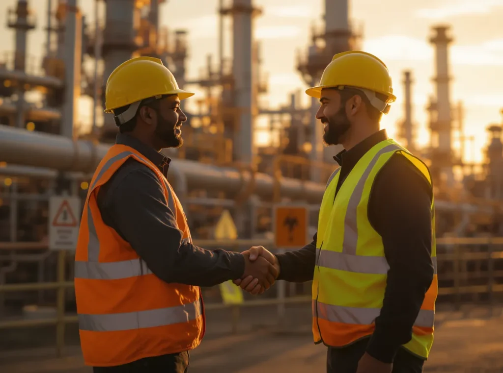 Two workers shaking hands at an industrial site to confirm an EHS vendor partnership.