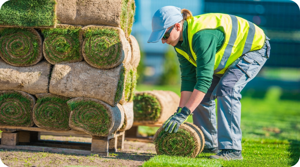 A landscaping worker lifting a roll of sod from a stacked pallet while wearing outdoor work clothing.