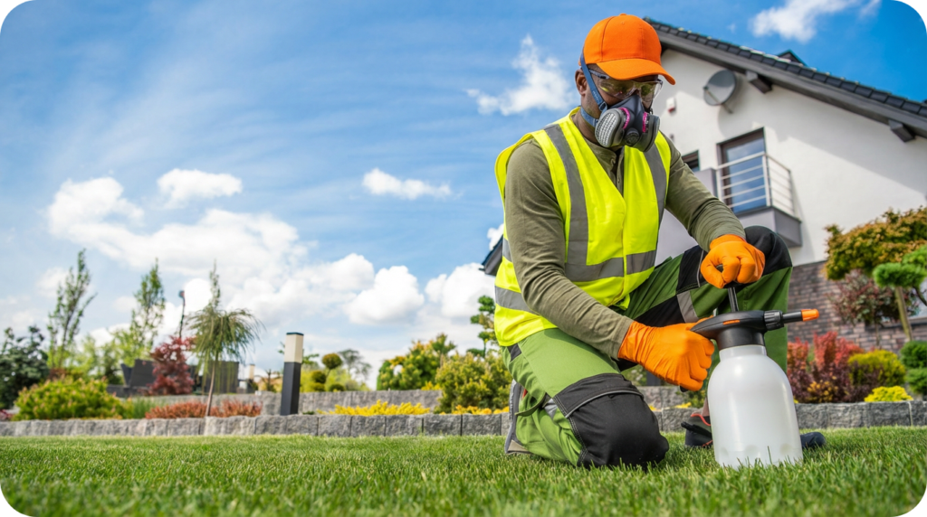 A worker kneeling on grass while preparing a chemical sprayer, wearing high-visibility safety gear.