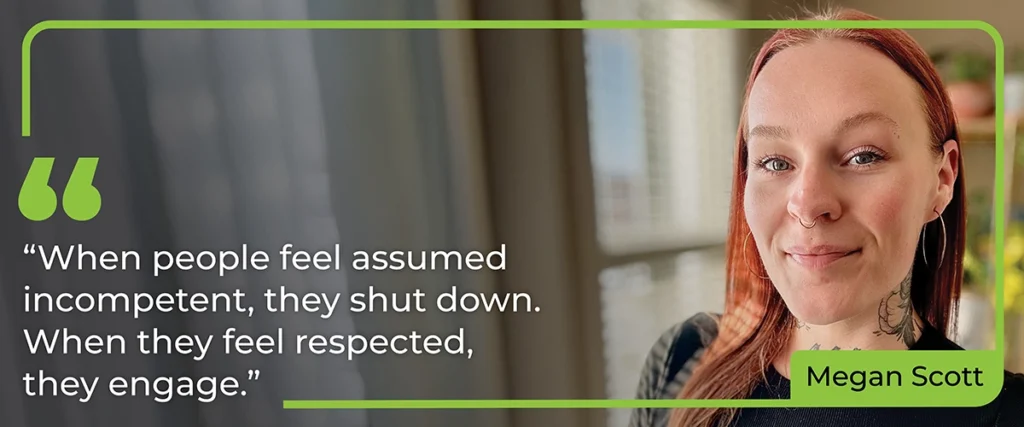 Megan Scott portrait beside quote on respect, emphasizing human‑centered safety leadership.